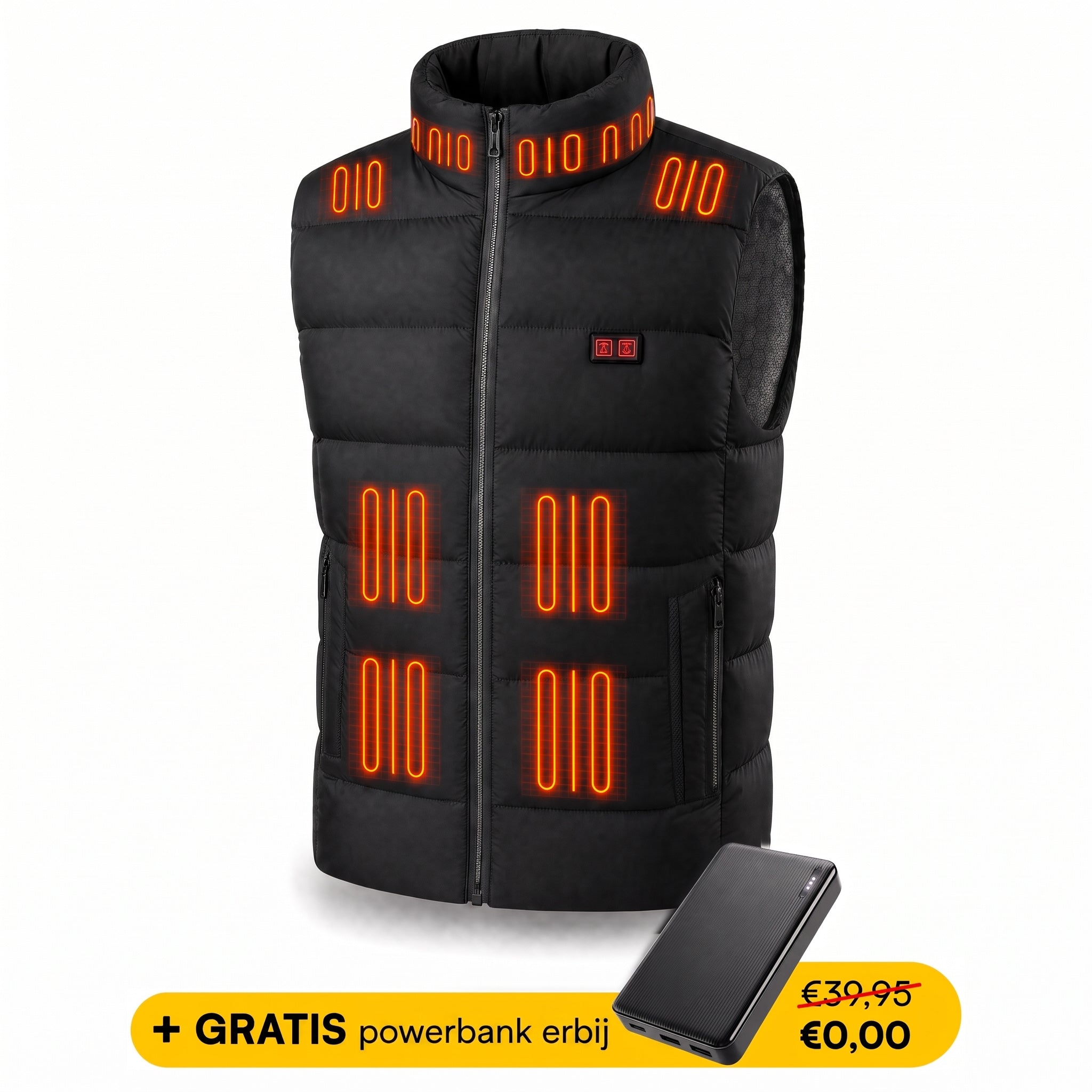 SmartHeat verwarmde bodywarmer in zwart, productfoto met gratis powerbank