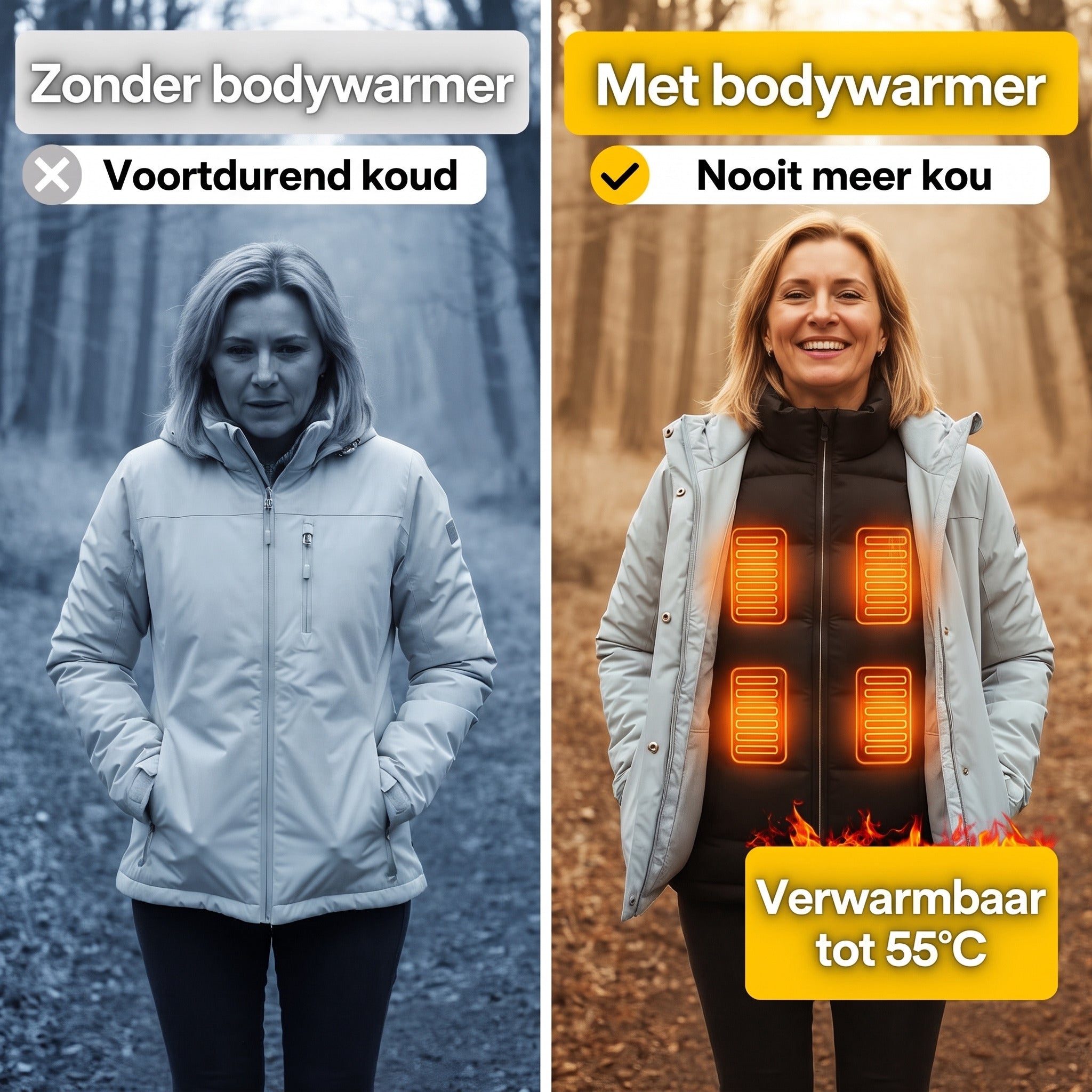 SmartHeat verwarmde bodywarmer, zonder en met SmartHeat vergeleken