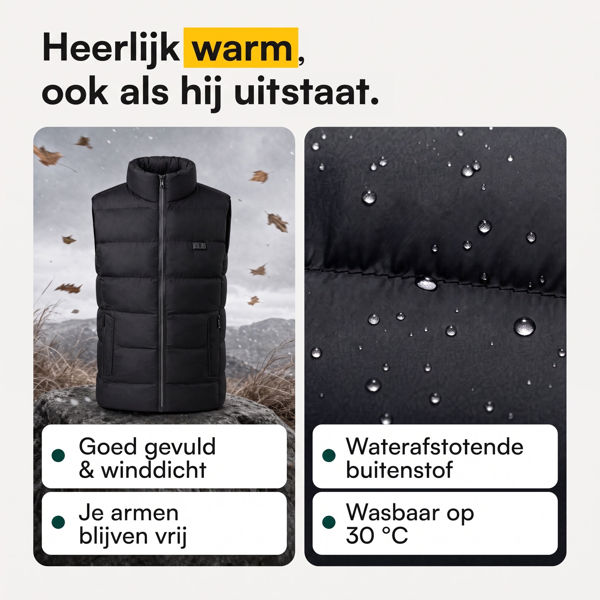 SmartHeat verwarmde bodywarmer, heerlijk warm, ook als hij uitstaat