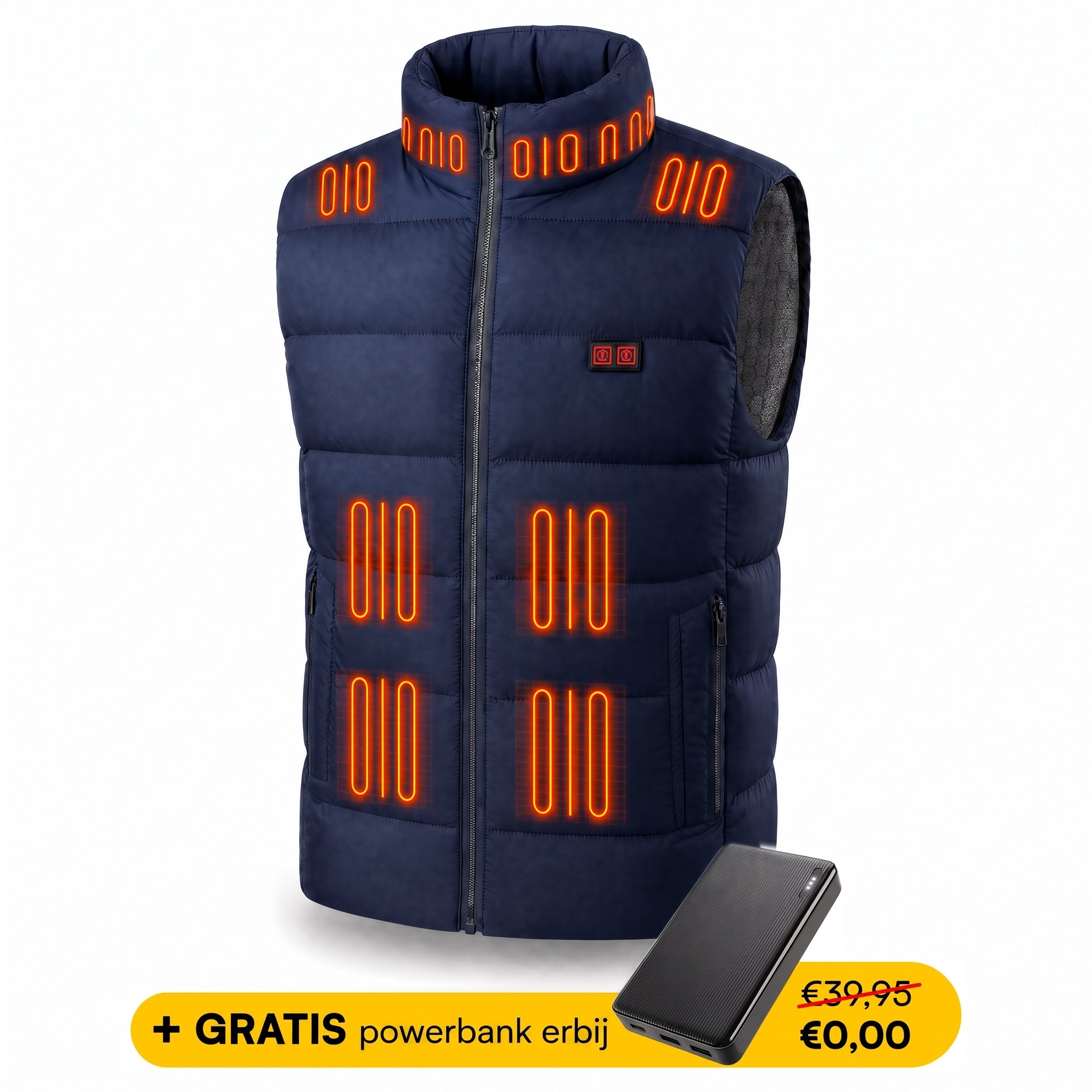 SmartHeat verwarmde bodywarmer in donkerblauw, productfoto met gratis powerbank