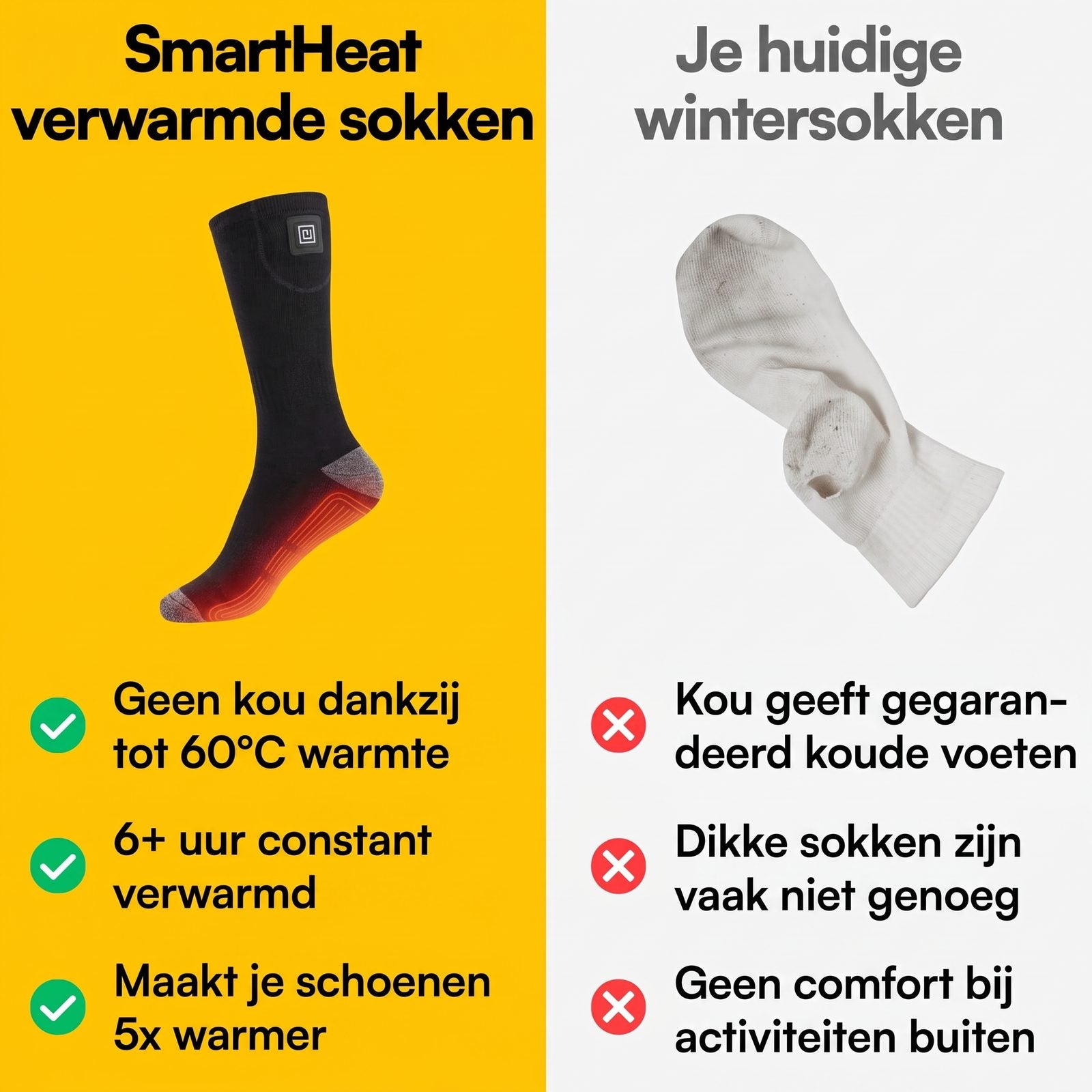 SmartHeat verwarmde sokken vergeleken met gewone wintersokken
